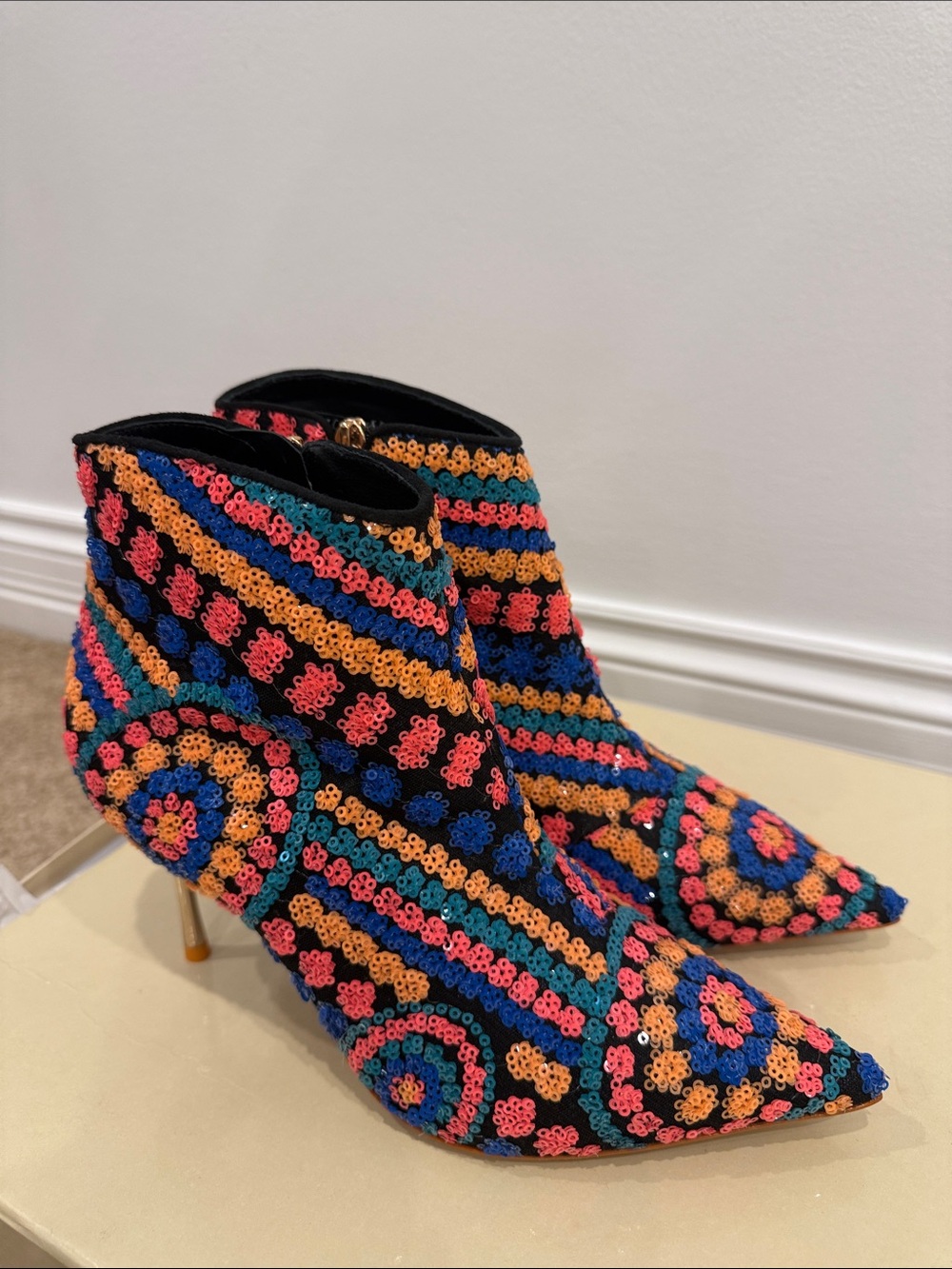 Sophia Webster Rainbow Sequin Booties 37.5 Art Deco Statement Heels NWT - Picture 2 of 10